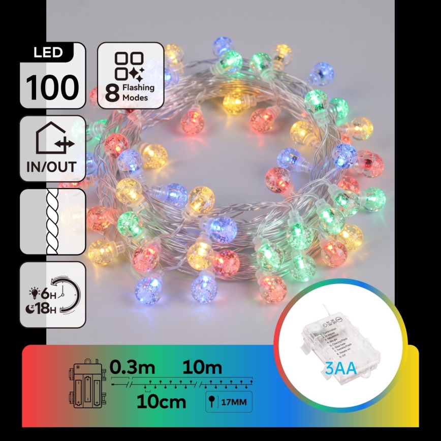 Aigostar - LED zunanji božični niz 100xLED/8 funkcij 3xAA 10,3m IP44 večbarvno