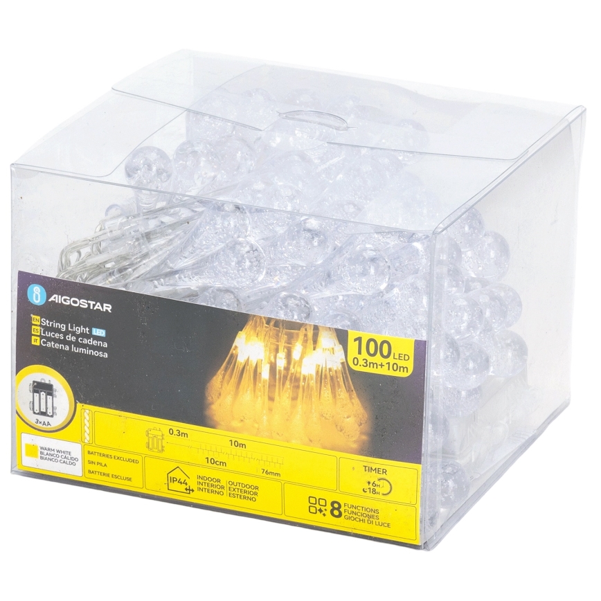 Aigostar - LED zunanji božični niz 100xLED/8 funkcij 3xAA 10 m IP44 topla bela v obliki kapljic