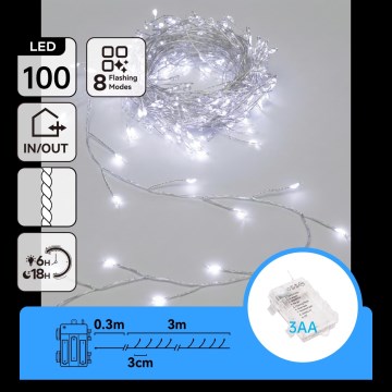 Aigostar - LED zunanji božični niz 100xLED/8 funkcij 3xAA 3,3m IP44 hladno bela