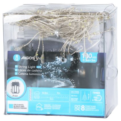Aigostar - LED zunanji božični niz 100xLED/8 funkcij 3xAA 3,3m IP44 hladno bela