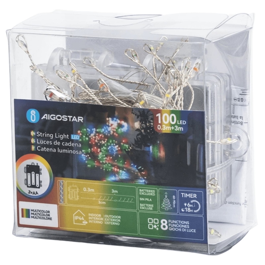 Aigostar - LED zunanji božični niz 100xLED/8 funkcij 3xAA 3,3m IP44 večbarvno