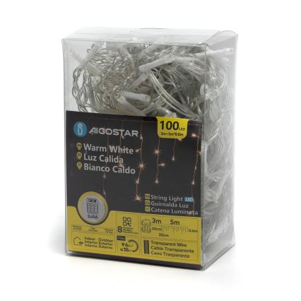 Aigostar - LED zunanji božični niz 100xLED/8 funkcij 3xAA 8x0,6m IP44 topla bela