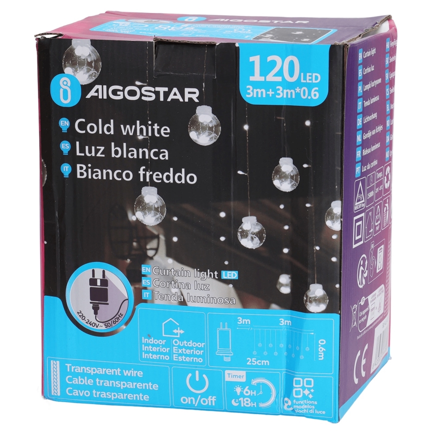 Aigostar - LED božični niz za zunaj 120xLED/8 funkcij 3x0,6m IP44 hladna bela + daljinski upravljalnik