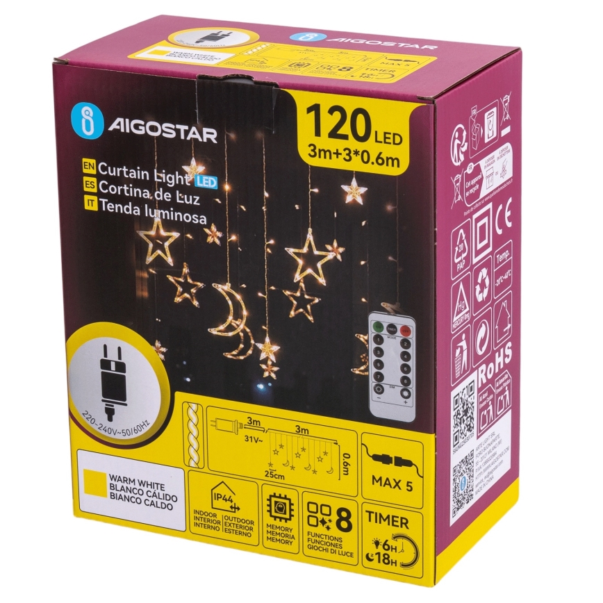 Aigostar - LED zunanji niz 120xLED/6W/230V/8 funkcij 3x0,6m IP44 topla bela + daljinski upravljalnik