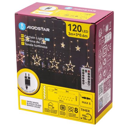 Aigostar - LED zunanji božični niz 120xLED/8 funkcij 3x0,6 m IP44 topla bela + daljinski upravljalnik