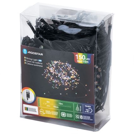 Aigostar - LED zunanji božični niz 150 LED / 8 funkcij, 18 m, IP44, večbarven