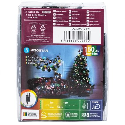 Aigostar - LED zunanji božični niz 150 LED / 8 funkcij, 18 m, IP44, večbarven