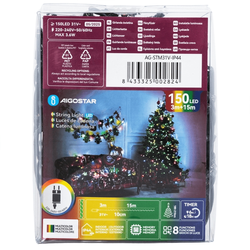Aigostar - LED zunanji božični niz 150 LED / 8 funkcij, 18 m, IP44, večbarven