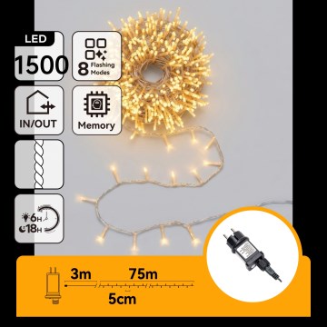 Aigostar - LED zunanji božični niz 1500xLED/8 funkcij 78m IP44 topla bela