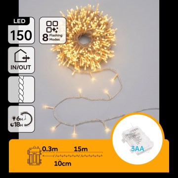 Aigostar - LED zunanji božični niz 150xLED/8 funkcij 3xAA 15,3m IP44 topla bela
