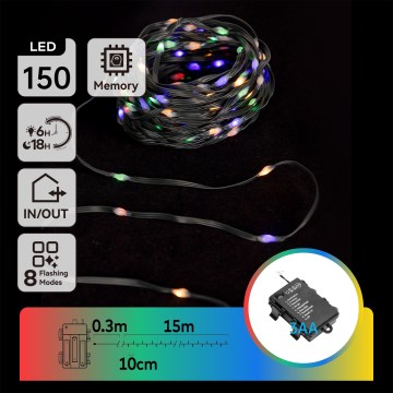 Aigostar -LED Zunanji božični niz 150xLED/8 funkcij 3xAA 15,3m IP44 večbarven