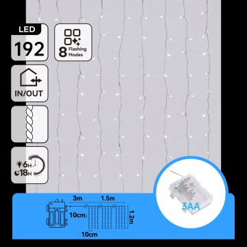 Aigostar - LED zunanji božični niz 192xLED/8 funkcij 3xAA 4,5x1,2m IP44 hladna bela