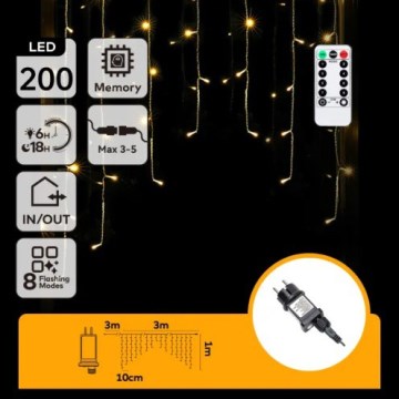 Aigostar - LED zunanji božični niz 200 LED/6 W/230 V/8 funkcij/3×1 m/IP44 topla bela + daljinski upravljalnik