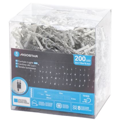 Aigostar - LED Zunanji božični niz 200xLED/3,6W/230V/8 funkcij 10x0,4m IP44 hladna bela