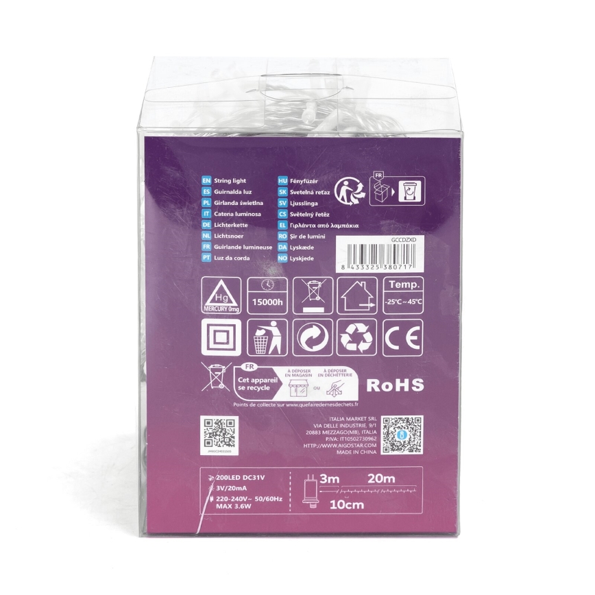 Aigostar - LED zunanji božični niz 200xLED/8 funkcij 23m IP44 hladna bela