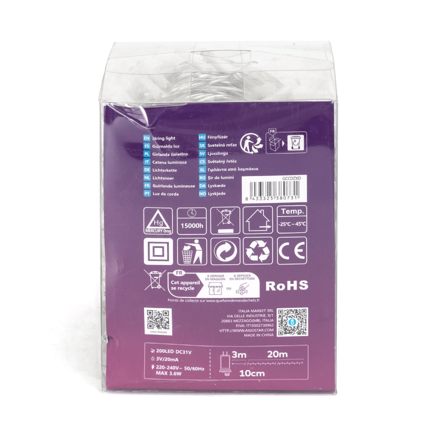 Aigostar - LED zunanji božični niz 200xLED/8 funkcij 23m IP44 topla bela