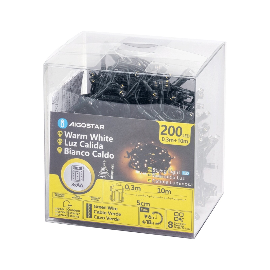 Aigostar - LED zunanji božični svetlobni niz 200xLED/8 funkcij 3xAA 10,3 m IP44 topla bela