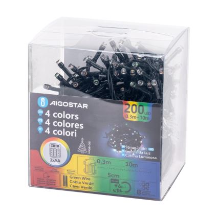 Aigostar -LED Zunanji božični niz 200xLED/8 funkcij 3xAA 10,3m IP44 večbarven