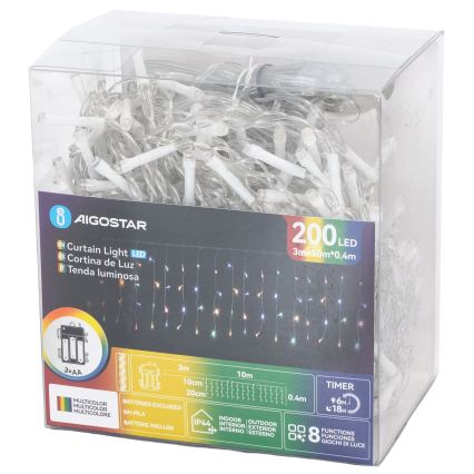 Aigostar - LED zunanji božični niz 200xLED/8 funkcij 3xAA 13x0,4m IP44 večbarven