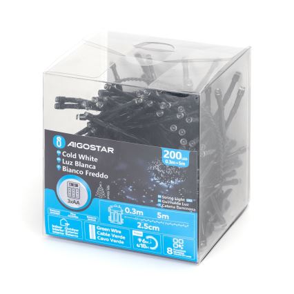 Aigostar - LED zunanji božični niz 200xLED/8 funkcij 3xAA 5,3 m IP44 hladna bela