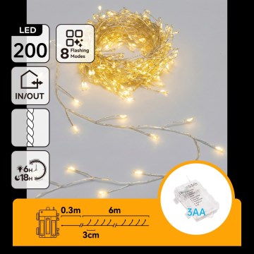 Aigostar - LED zunanji božični niz 200xLED/8 funkcij 3xAA 6,3m IP44 topla bela