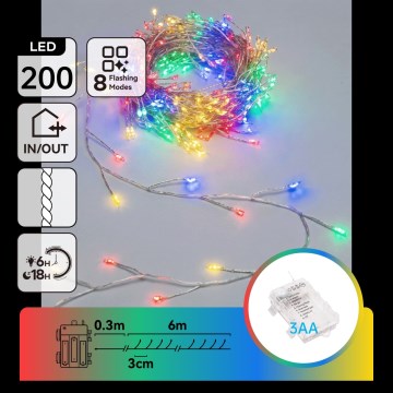 Aigostar - LED Zunanji božični niz 200xLED/8 funkcij 3xAA 6,3m IP44 večbarven