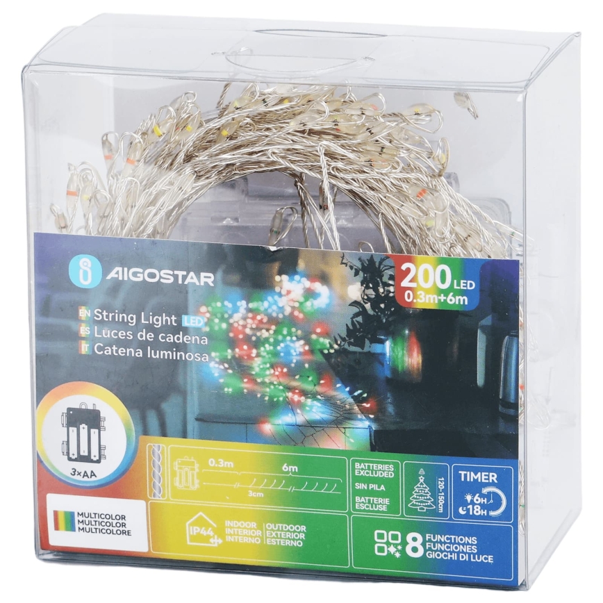Aigostar - LED Zunanji božični niz 200xLED/8 funkcij 3xAA 6,3m IP44 večbarven