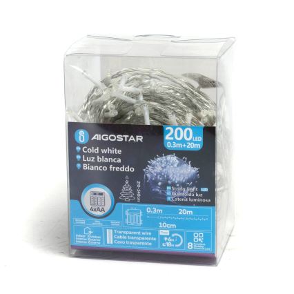Aigostar - LED Zunanji božični niz 200xLED/8 funkcij 4xAA 20m IP44 hladno bela