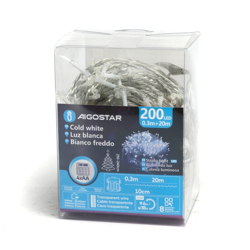 Aigostar - LED Zunanji božični niz 200xLED/8 funkcij 4xAA 20m IP44 hladno bela