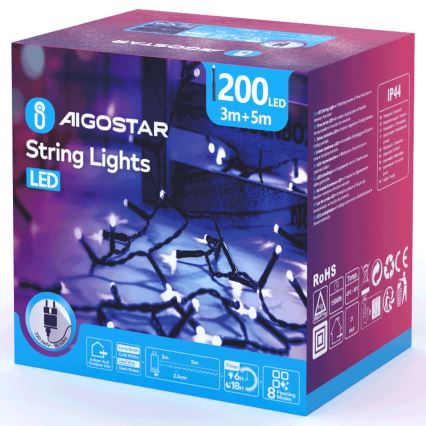 Aigostar - LED zunanji božični niz 200xLED/8 funkcij 8m IP44 hladna bela