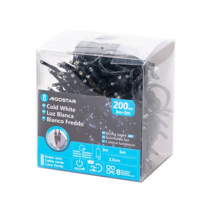 Aigostar - LED zunanji božični niz 200×LED/8 funkcij, 8 m, IP44, hladna bela