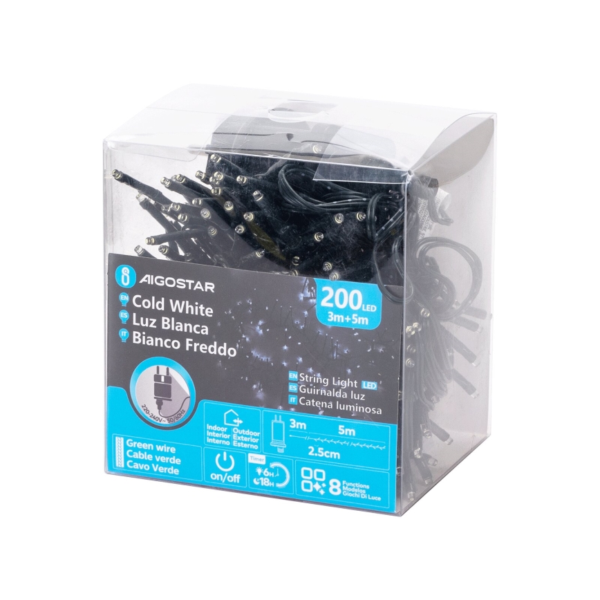 Aigostar - LED zunanji božični niz 200×LED/8 funkcij, 8 m, IP44, hladna bela