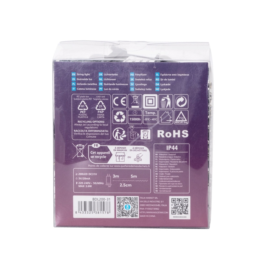 Aigostar - LED zunanji božični niz 200×LED/8 funkcij, 8 m, IP44, hladna bela