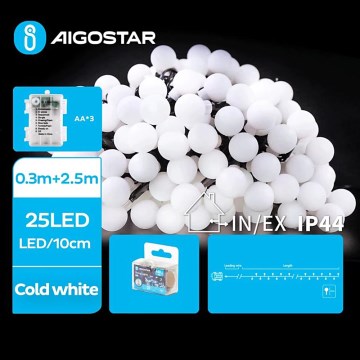 Aigostar - LED zunanji božični niz 25xLED/3xAA/8 funkcij 2,8 m IP44 hladna bela
