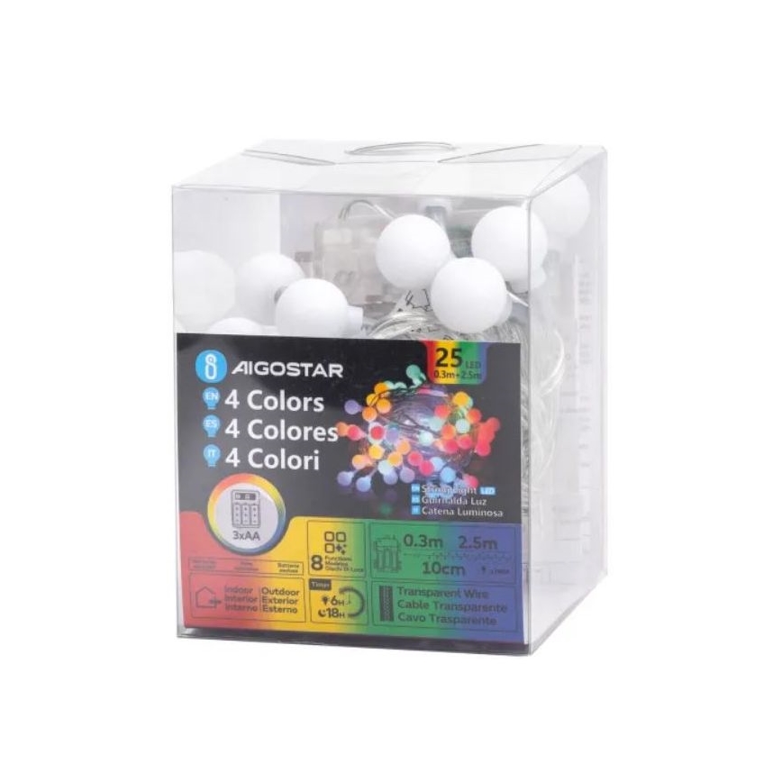 Aigostar - LED zunanji božični niz 25xLED/3xAA/8 funkcij 2,8 m IP44 večbarven