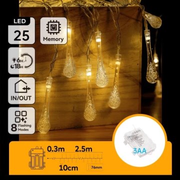 Aigostar - LED zunanji božični niz 25xLED/8 funkcij 3xAA 2,5 m IP44 topla bela kapljice