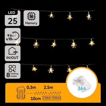 Aigostar - LED Zunanji božični niz 25xLED/8 funkcij 3xAA 2,5m IP44 topla bela zvezde