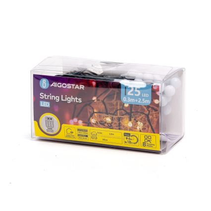 Aigostar - LED zunanji božični niz 25xLED/8 funkcij 3xAA 2,8m IP44 topla bela