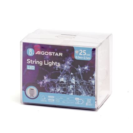 Aigostar - LED zunanji niz 25xLED/8 funkcij 3xAA 2,5 m IP44 hladna bela