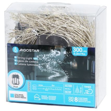 Aigostar - LED zunanja božična svetlobna veriga 300xLED/8 funkcij 3xAA 9,3m IP44 hladna bela