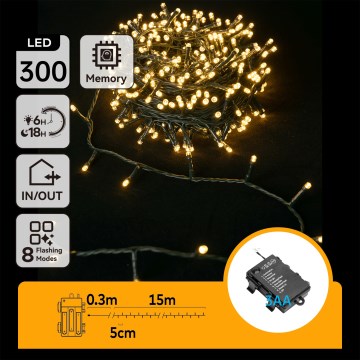 Aigostar-LED Zunanji božični niz 300xLED/8 funkcij 3xAA 15,3m IP44 topla bela