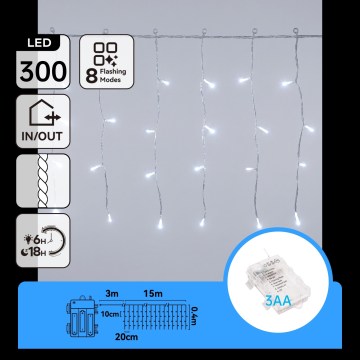 Aigostar - LED zunanji božični niz 300xLED/8 funkcij 3xAA 18x0,4m IP44 hladna bela
