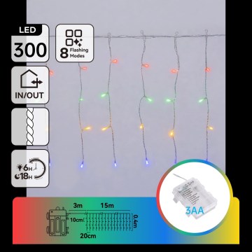 Aigostar - LED zunanji božični niz 300xLED/8 funkcij 3xAA 18x0,4m IP44 večbarven