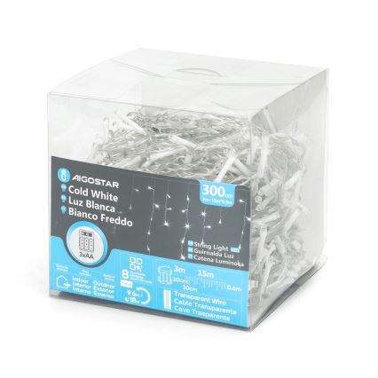 Aigostar - LED zunanji božični niz lučk 300xLED/8 funkcij 3xAA 18x0,6 m IP44 hladna bela