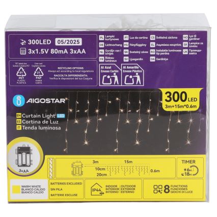 Aigostar - LED zunanji božični niz 300×LED/8 programov 3×AA 18×0,6 m IP44 topla bela