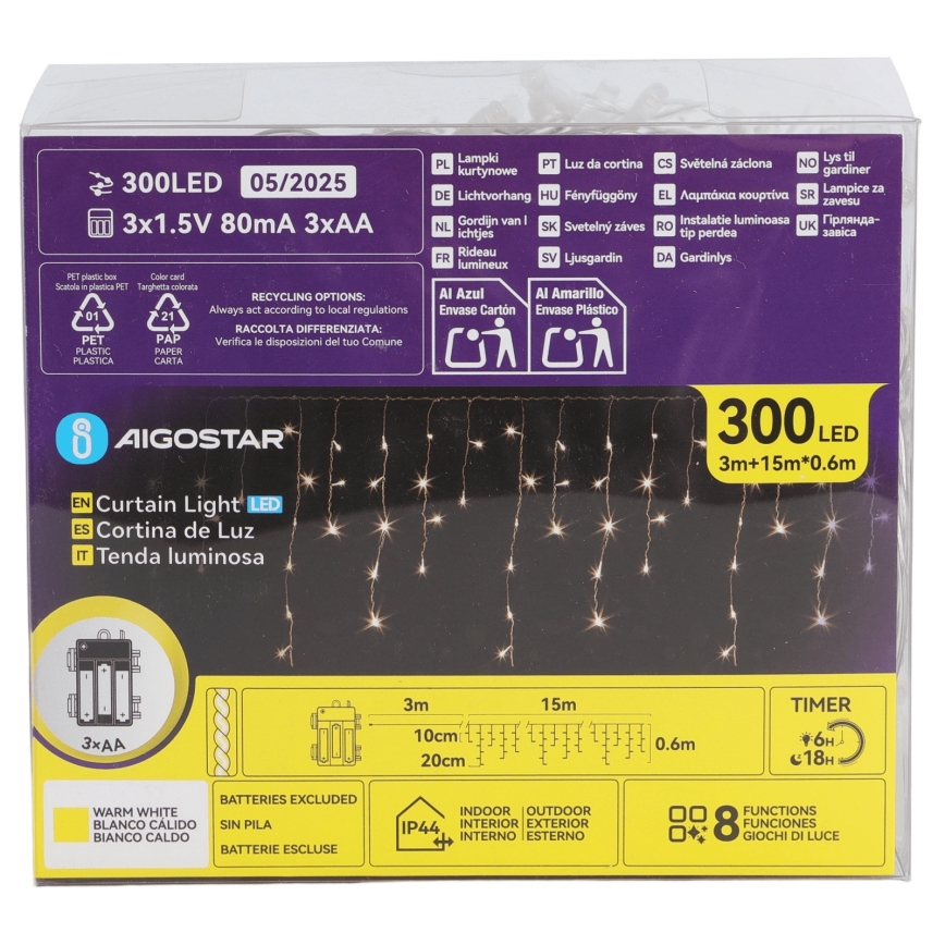 Aigostar - LED zunanji božični niz 300×LED/8 programov 3×AA 18×0,6 m IP44 topla bela