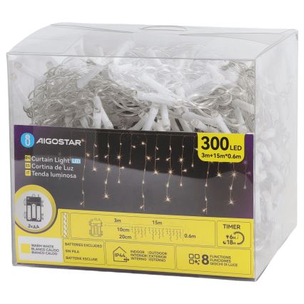 Aigostar - LED zunanji božični niz 300×LED/8 programov 3×AA 18×0,6 m IP44 topla bela