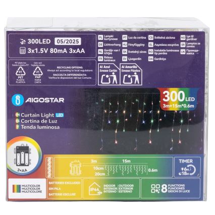 Aigostar - LED zunanji božični niz 300xLED/8 funkcij 3xAA 18x0,6 m IP44 večbarven