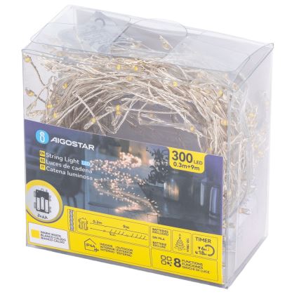 Aigostar - LED zunanji božični niz 300xLED/8 funkcij 3xAA 9,3m IP44 topla bela