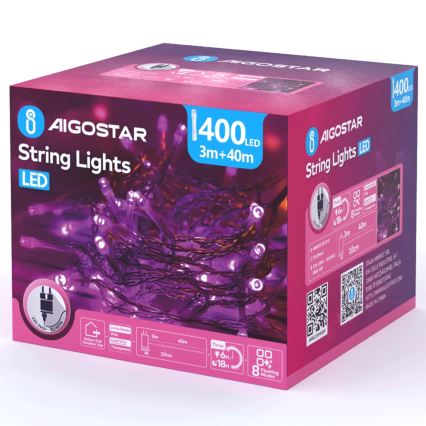 Aigostar - LED zunanji božični niz 400 LED / 8 funkcij 43 m IP44 rožnat